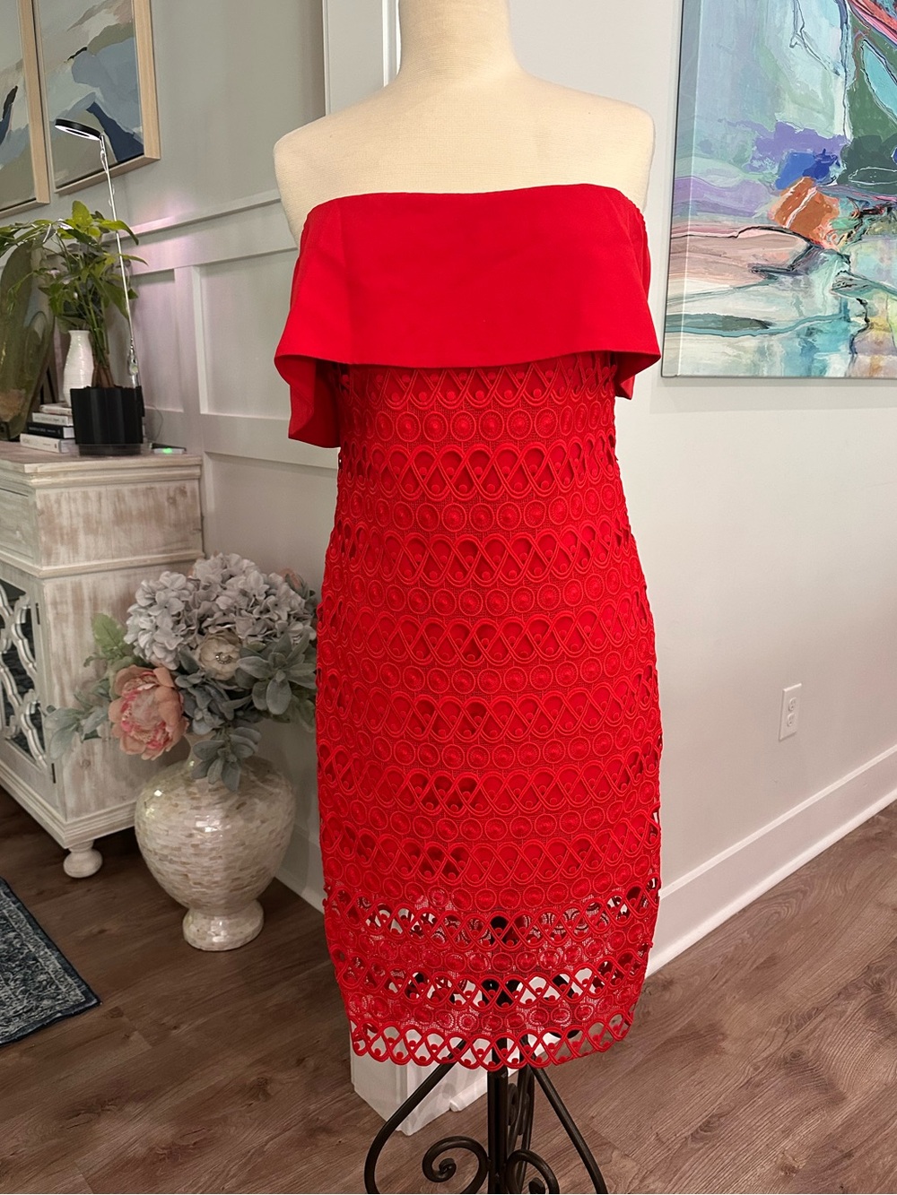 Laundry by Shelli Segal Red Off Shoulder Lace Cocktail Dress Size 6 Midi Sheath